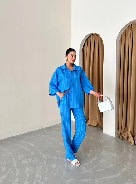 Mavi Fakir Kol Kendinden Çizgili Takım - Resim 3