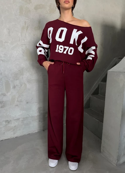 Bordo Brooklyn 1970 Baskılı Eşofman Takımı