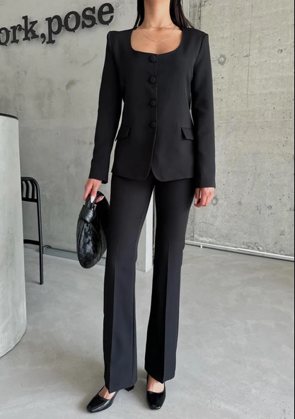 Siyah Premium Yuvarlak Yaka Ceket Pantolon Takım - Resim 2