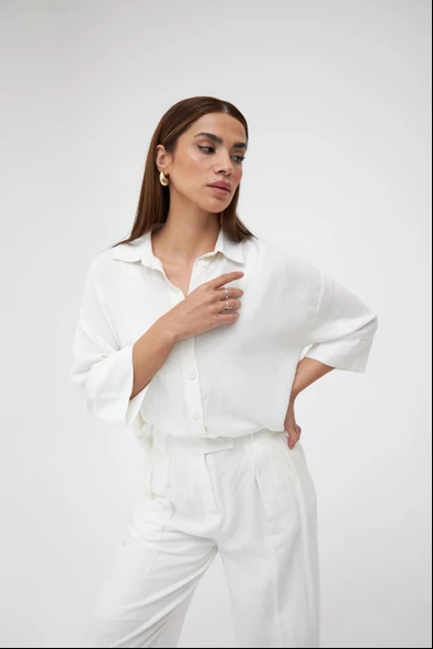 Ekru Keten Gömlek Pantolon İkili Takım - 3