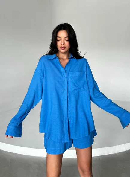 Mavi Summer Keten Oversize Gömlek Şort Takım - 6