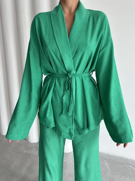 Yeşil Şal Yaka Kimono Pantolon Takım - 3