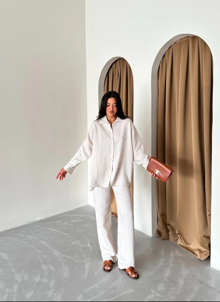 Bej Free Kendinden Çizgili Gömlek Pantolon Takım - 4