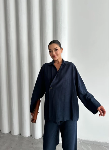 Lacivert %100 Pamuk Kruvaze Kapama Tek Düğmeli Kimono Pantolon Takım - 8