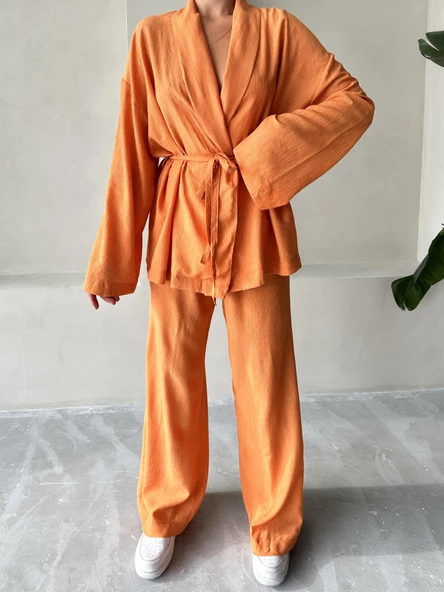 Turuncu Şal Yaka Kimono Pantolon Takım - 2