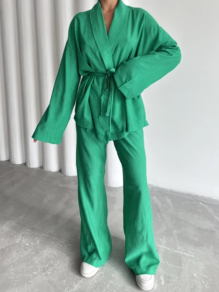 Yeşil Şal Yaka Kimono Pantolon Takım - 2