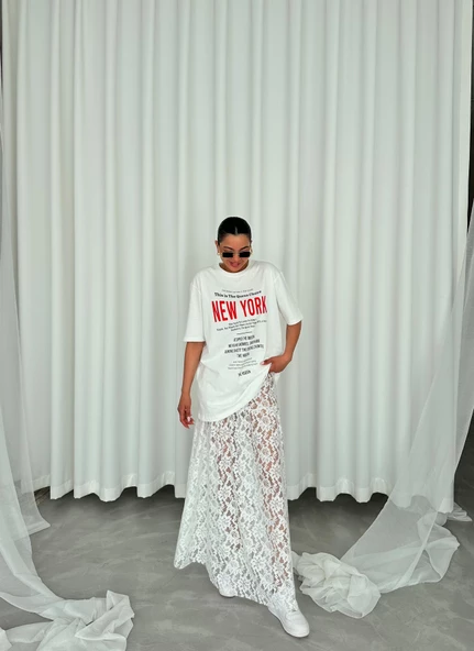 Beyaz Uzun Tül Etek T-shirt Takım - 5
