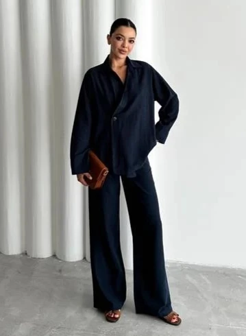 Lacivert %100 Pamuk Kruvaze Kapama Tek Düğmeli Kimono Pantolon Takım