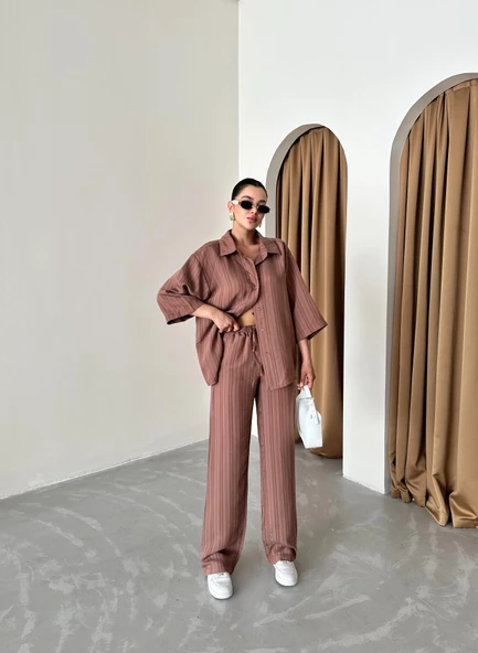 Kahve Fakir Kol Kendinden Çizgili Takım - Resim 4