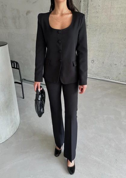 Siyah Premium Yuvarlak Yaka Ceket Pantolon Takım ürün görseli