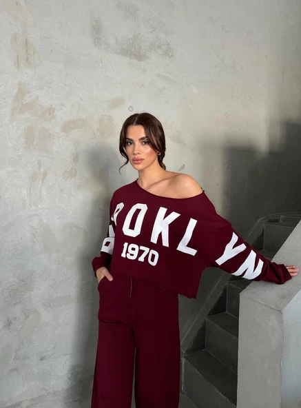 Bordo Brooklyn 1970 Baskılı Eşofman Takımı - 4