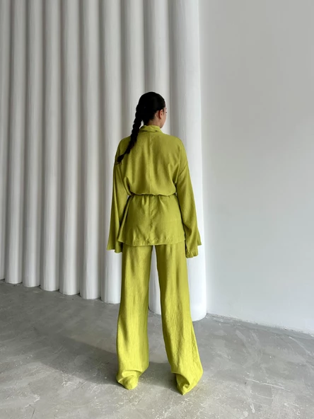 Fıstık Şal Yaka Kimono Pantolon Takım - 8