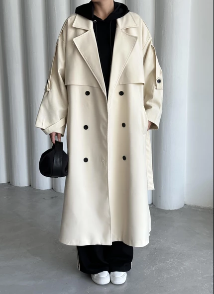 Taş Lucky Düğme Detaylı Oversize Trençkot - 2