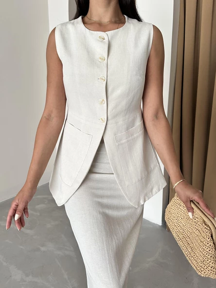 Taş %100 Pamuk Yırtmaçlı Kalem Etek Yelek Takım - Resim 2