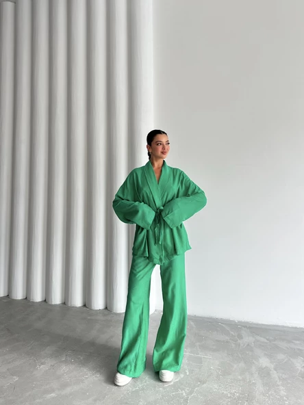 Yeşil Şal Yaka Kimono Pantolon Takım - 5