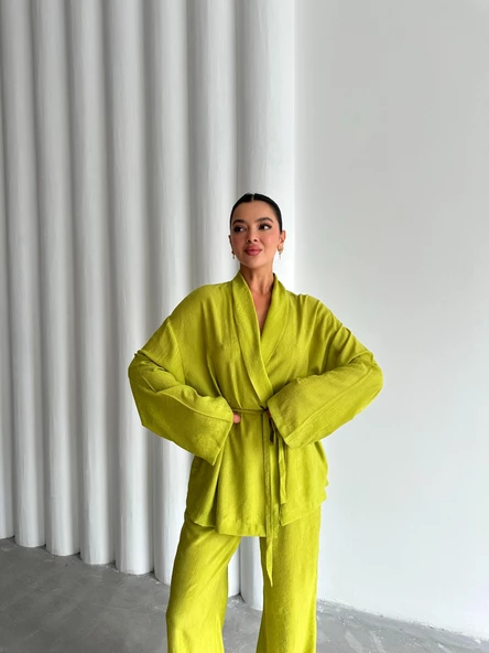 Fıstık Şal Yaka Kimono Pantolon Takım - 7