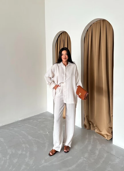 Bej Free Kendinden Çizgili Gömlek Pantolon Takım - 6