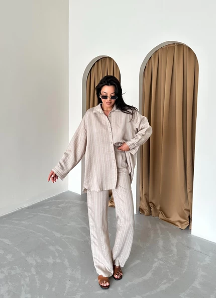 Vizon Free Kendinden Çizgili Gömlek Pantolon Takım - 5