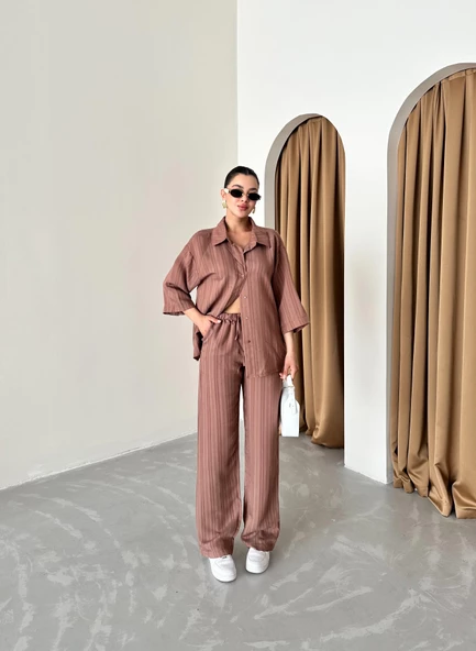 Kahve Fakir Kol Kendinden Çizgili Takım - Resim 2