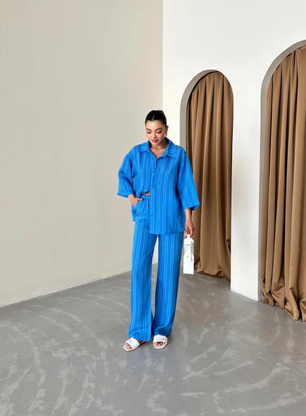 Mavi Fakir Kol Kendinden Çizgili Takım - Resim 5