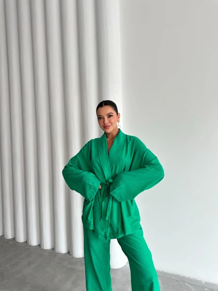 Yeşil Şal Yaka Kimono Pantolon Takım - 8