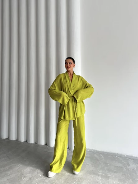 Fıstık Şal Yaka Kimono Pantolon Takım - 3
