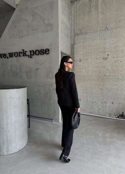 Siyah Premium Yuvarlak Yaka Ceket Pantolon Takım - Resim 6