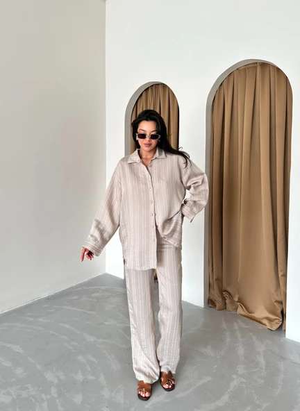 Vizon Free Kendinden Çizgili Gömlek Pantolon Takım - 4