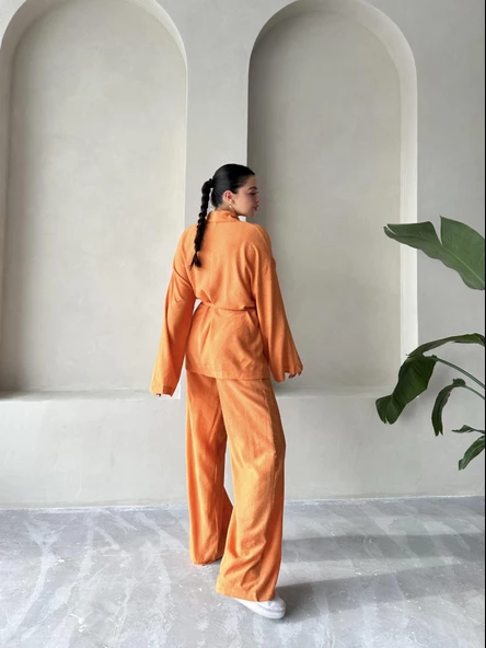 Turuncu Şal Yaka Kimono Pantolon Takım - 8