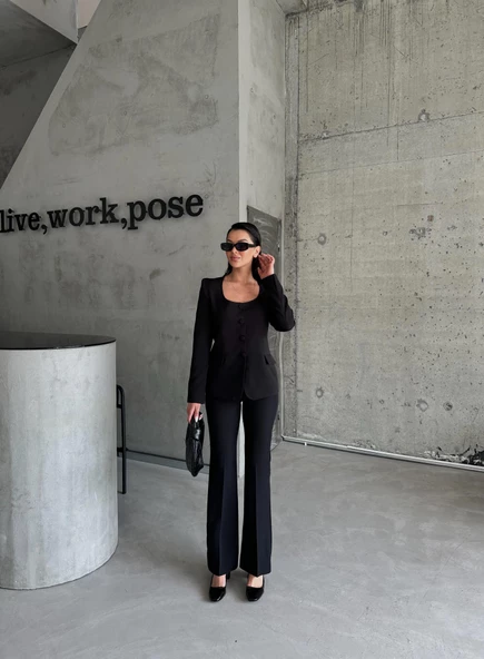 Siyah Premium Yuvarlak Yaka Ceket Pantolon Takım - Resim 4