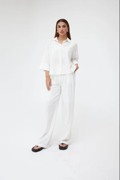 Ekru Keten Gömlek Pantolon İkili Takım - 4