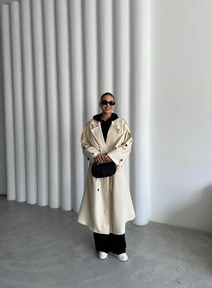 Taş Lucky Düğme Detaylı Oversize Trençkot - 10