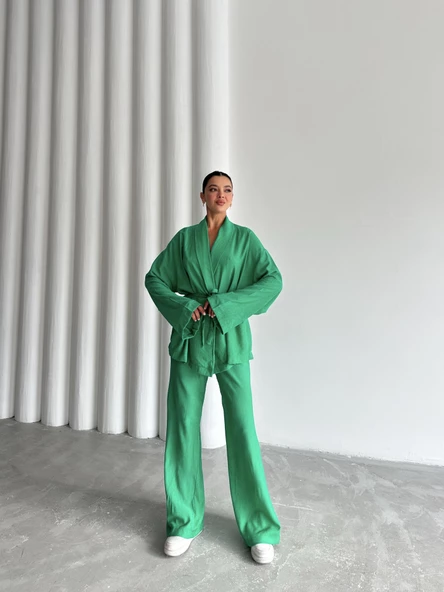 Yeşil Şal Yaka Kimono Pantolon Takım - 6