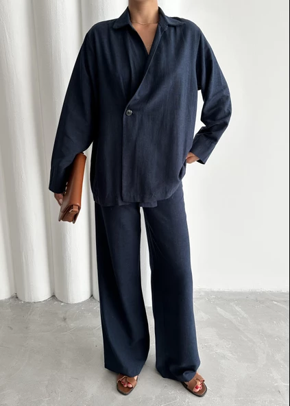 Lacivert %100 Pamuk Kruvaze Kapama Tek Düğmeli Kimono Pantolon Takım - 2