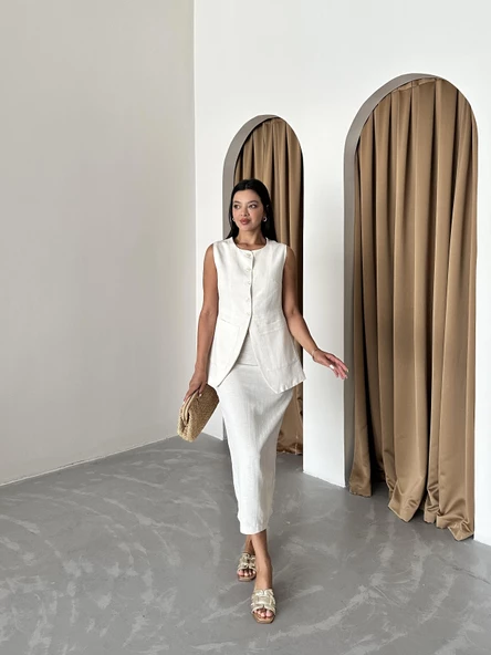 Taş %100 Pamuk Yırtmaçlı Kalem Etek Yelek Takım - Resim 6