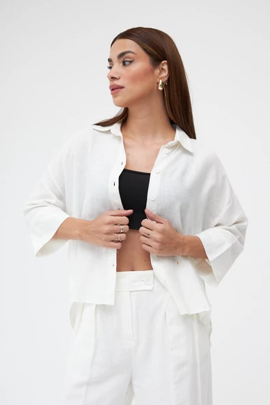 Ekru Keten Gömlek Pantolon İkili Takım - 2