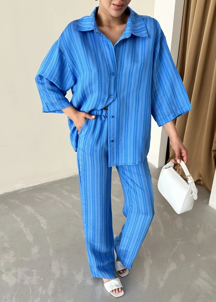 Mavi Fakir Kol Kendinden Çizgili Takım - Resim 2