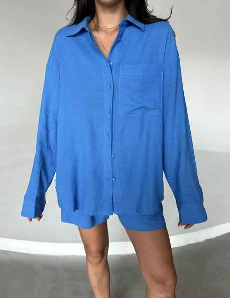 Mavi Summer Keten Oversize Gömlek Şort Takım