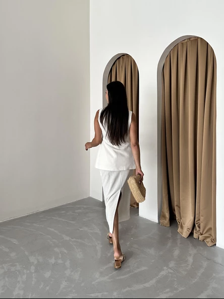 Taş %100 Pamuk Yırtmaçlı Kalem Etek Yelek Takım - Resim 7