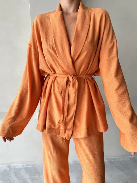 Turuncu Şal Yaka Kimono Pantolon Takım - 3