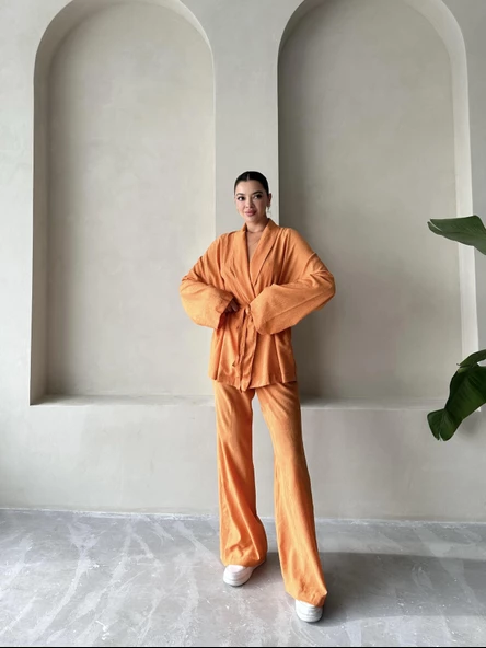 Turuncu Şal Yaka Kimono Pantolon Takım - 4