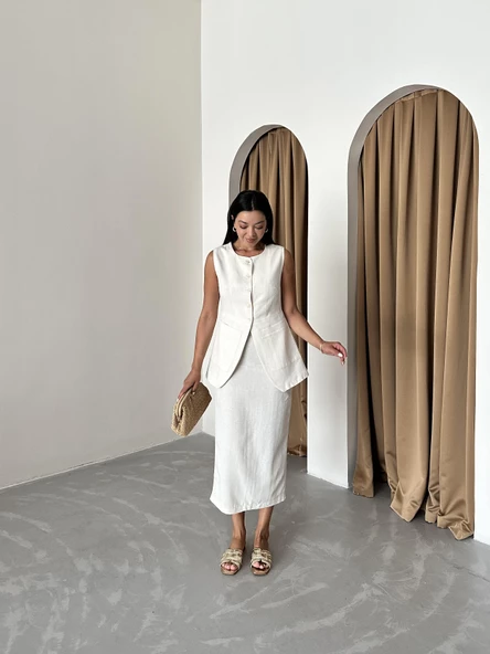 Taş %100 Pamuk Yırtmaçlı Kalem Etek Yelek Takım - Resim 5