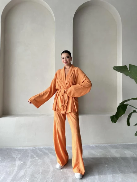 Turuncu Şal Yaka Kimono Pantolon Takım - 6