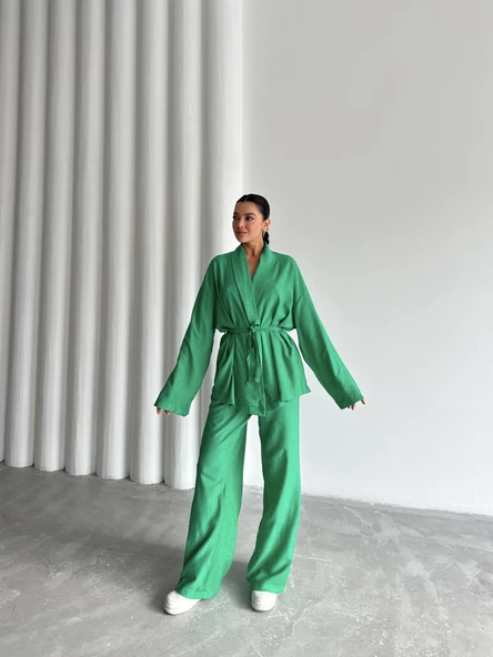 Yeşil Şal Yaka Kimono Pantolon Takım - 4