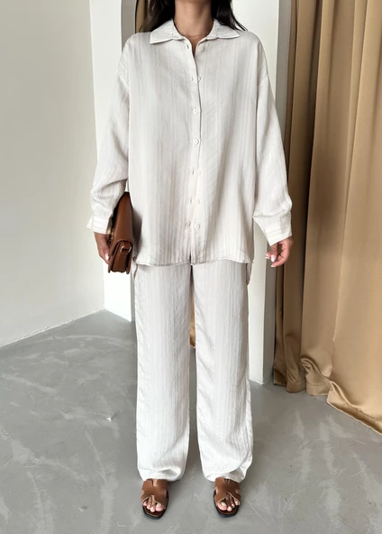 Bej Free Kendinden Çizgili Gömlek Pantolon Takım