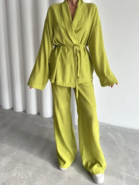 Fıstık Şal Yaka Kimono Pantolon Takım