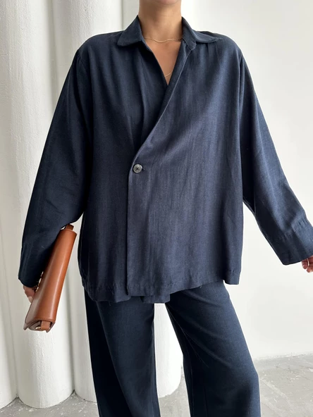 Lacivert %100 Pamuk Kruvaze Kapama Tek Düğmeli Kimono Pantolon Takım - 3