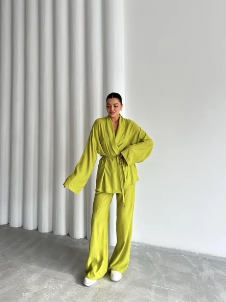 Fıstık Şal Yaka Kimono Pantolon Takım - 4
