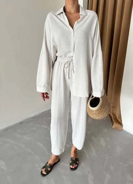 Natural Keten Gömlek Şalvar Pantolon Alt Üst Takım ürün görseli