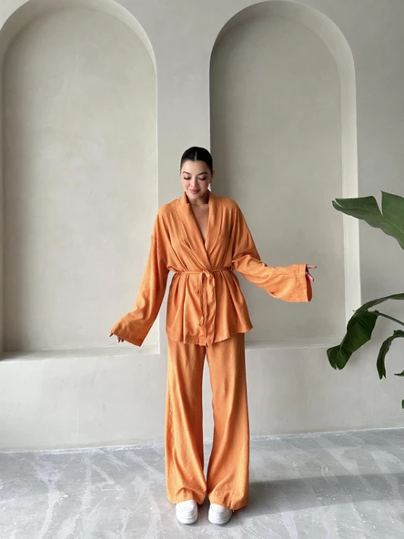 Turuncu Şal Yaka Kimono Pantolon Takım - 7